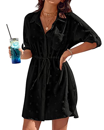 Camisa Suelto de Bikini Mujer Vestidos Verano para Mujer Botón de Bolsillo Camisa de Playa Camisa de Playa Cuello en V Manga 3/4 Cárdigan Cover Up,Negro