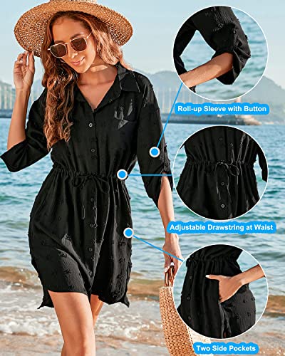 Camisa Suelto de Bikini Mujer Vestidos Verano para Mujer Botón de Bolsillo Camisa de Playa Camisa de Playa Cuello en V Manga 3/4 Cárdigan Cover Up,Negro