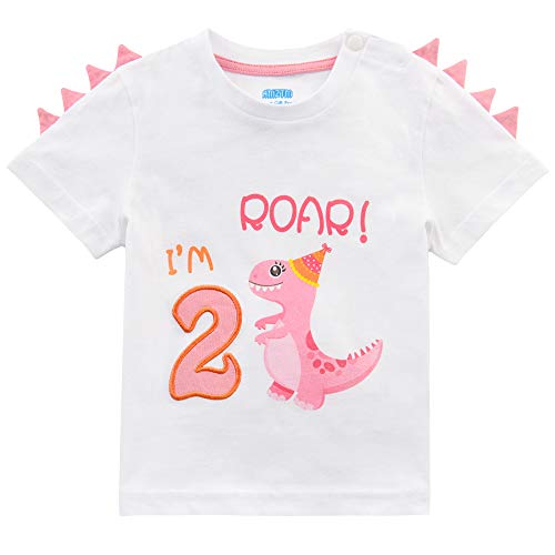 Camiseta 2er Cumpleaños Bebé Niña Dinosaurio Cumpleaño Fiesta Manga Corta (100, Blanco)