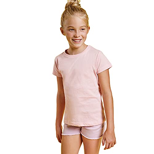 Camiseta de Colores Manga Corta 100% Algodón para Niñas - Camiseta Entallada, Cuello Redondo, cómoda, Suave, Lisa y Elegante (Rosa, 11/12)