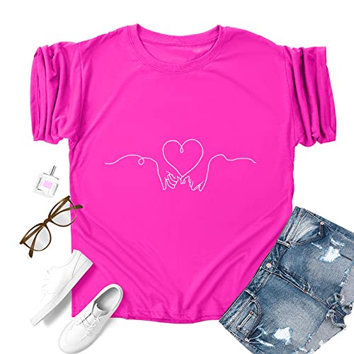 Camiseta de manga corta para San Valentín con cuello redondo suelto y estampado de moda de neón, Rosa intenso., S