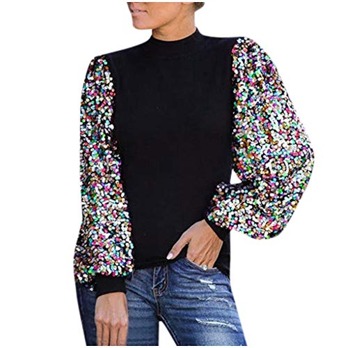 Camiseta de Manga Larga Mujer, 2021 Patchwork Moda Casual Sudadera Manga de Linterna Camiseta Blusas básica Camiseta Suelto Lentejuelas Suéter Camisas Sudadera Irregular Chaqueta Top Jersey tee