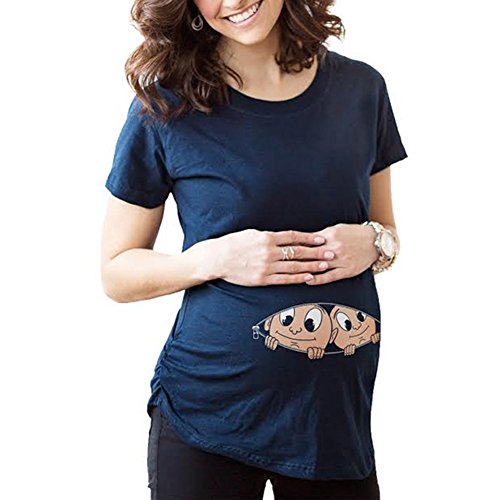 Camiseta de maternidad de manga corta divertida para embarazo, lindas camisetas para mujeres embarazadas, Azul-gemelo, M