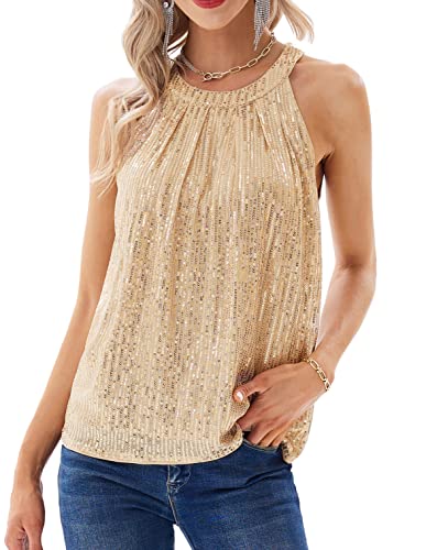 Camiseta Lentejuelas Mujer Tank Top Cuello Sin Mangas Tejido Liso Tirantes Cruzados Decorado Dorado M