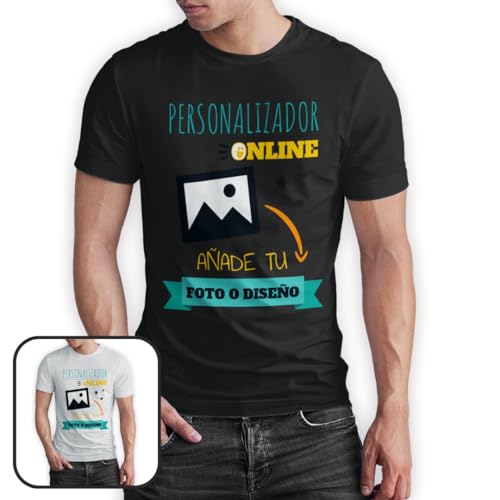 Camiseta Personalizable · con tu Foto y/o Textos · A Todo Color · Unisex · Manga Corta · 100% algodón · Impresión DTG o DTF · Diseña tu Camiseta Personalizada · Hombre y Mujer (M, Negro)