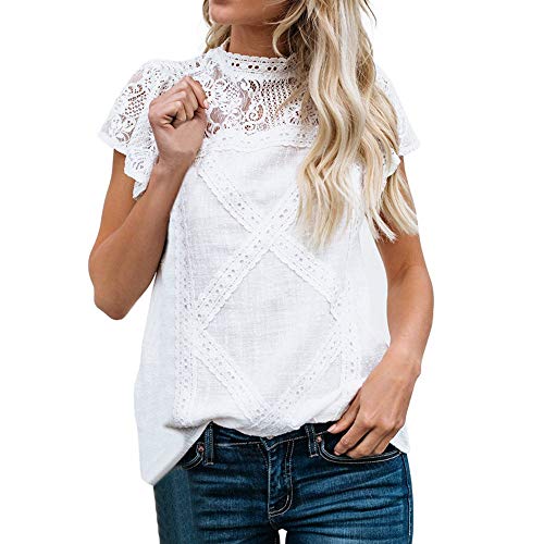 Camisetas Mujer Dia de la Mujer Verano Patchwork De Encaje Casual Ahuecar Volantes Manga Corta Suéter De Cuello De Tortuga Linda Blusa Floral Camiseta Blanca para Mujer Hanyixue