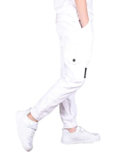 CAMLAKEE Pantalones para Niños - Pantalón Cargo Slim Fit de Algodón - Pantalones Joggers con Cintura Elastica, Blanco, 11-12 años/Talla 160