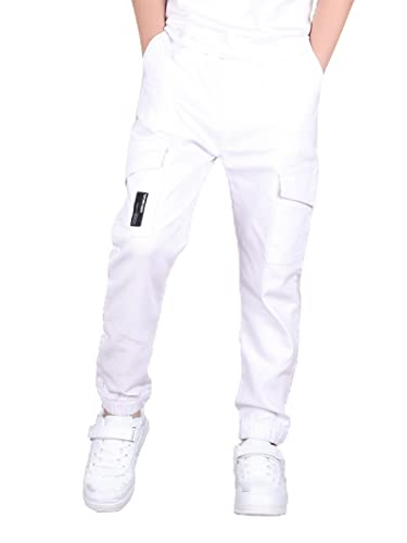 CAMLAKEE Pantalones para Niños - Pantalón Cargo Slim Fit de Algodón - Pantalones Joggers con Cintura Elastica, Blanco, 11-12 años/Talla 160