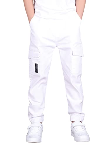 CAMLAKEE Pantalones para Niños - Pantalón Cargo Slim Fit de Algodón - Pantalones Joggers con Cintura Elastica, Blanco, 11-12 años/Talla 160