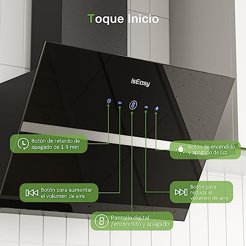 Campana Extractora Inclinada 60cm -Capacidad de Succión de 524 m³/h,Recirculación 4 Niveles de Potencia Control Tactil,Negro