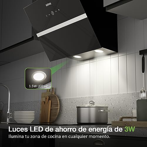 Campana Extractora Inclinada 60cm -Capacidad de Succión de 524 m³/h,Recirculación 4 Niveles de Potencia Control Tactil,Negro