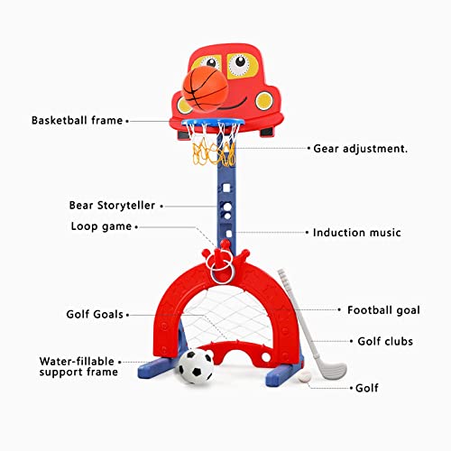 Canasta de Baloncesto para Niños 4 en 1 - Aro de Baloncesto Infantil Regulable en Altura,Aro de Baloncesto de Dibujos Animados con Juego de Golf, Anillo, Fútbol,Lanzamiento de Portería(Azul)