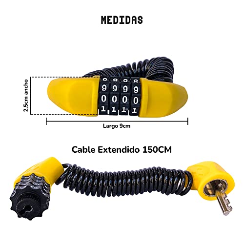 Candado Bicicleta + Brazalete Reflectante - Candado para Patinete Electrico - Candado Combinacion 4 Digitos - Candado Bicicleta Antirrobo Extensible 150cm - Candado Casco Moto