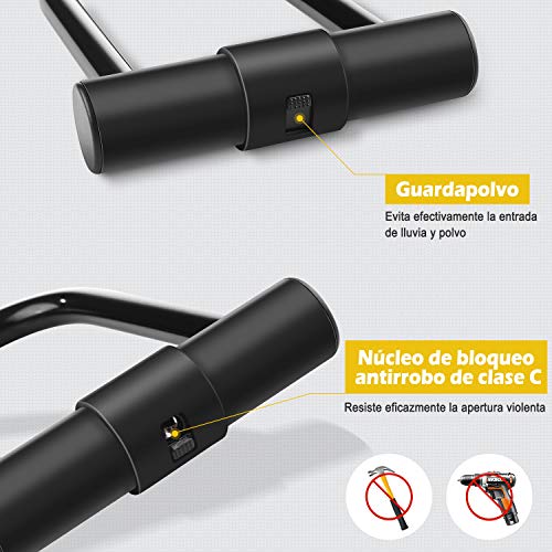 Candado en U, [Nueva versión] Diyife Candado en U Bicicleta,Candado Bicicleta Alta Seguridad，Candado en D de Grillete Resistente con 3 llaves, Cable de Acero Flexible de 1,2 m para Bici, Moto