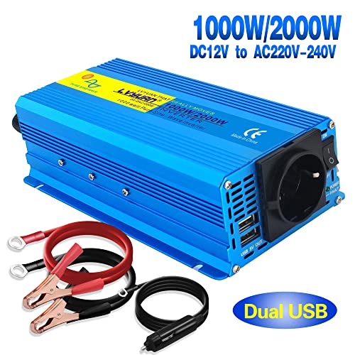 Cantonape Inversor de Corriente 1000w DC 12v a AC 220v 230v Onda sinusoidal Pura Silencioso Convertidor con EU Socket & 2 USB para Coche Camion