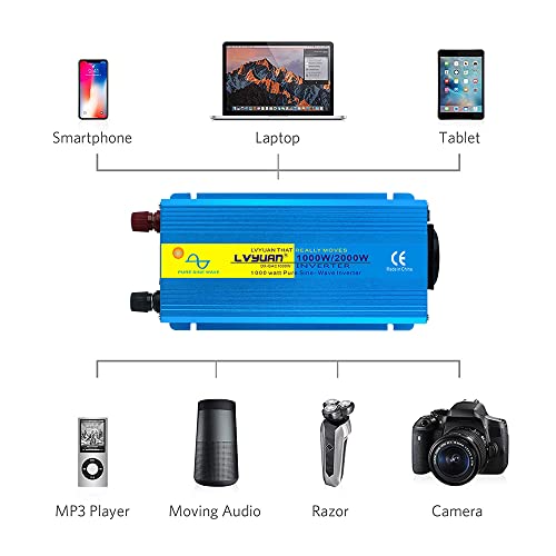 Cantonape Inversor de Corriente 1000w DC 12v a AC 220v 230v Onda sinusoidal Pura Silencioso Convertidor con EU Socket & 2 USB para Coche Camion