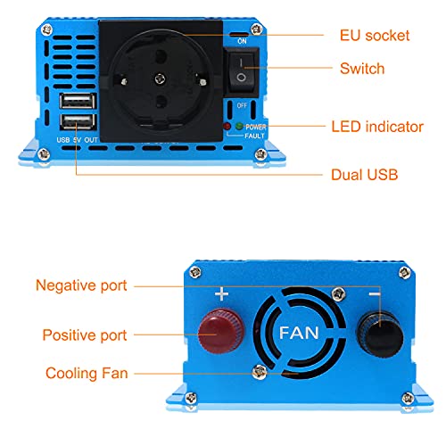 Cantonape Inversor de Corriente 1000w DC 12v a AC 220v 230v Onda sinusoidal Pura Silencioso Convertidor con EU Socket & 2 USB para Coche Camion