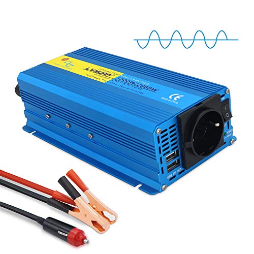 Cantonape Inversor de Corriente 1000w DC 12v a AC 220v 230v Onda sinusoidal Pura Silencioso Convertidor con EU Socket & 2 USB para Coche Camion