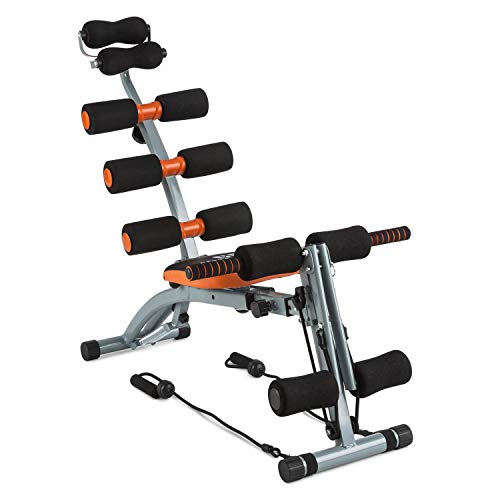 Capital Sports Sixish Core - Bancos fitness, Banco de musculacion con múltiples posiciones, Banco de abdominales acolchado, Brazos y espalda, Curler, Cintas de tracción elásticas, Naranja