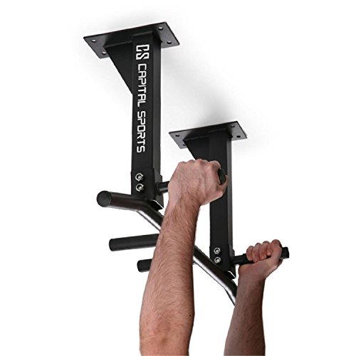 Capital Sports Tyro s4 - Barra dominadas, Dominadas con Carga máx 350 kg, Barra de dominadas de Pared con Estructura de Acero, 3 Grupos de Asas, Entrenamiento eficiente, Tacos incluidos, Negro