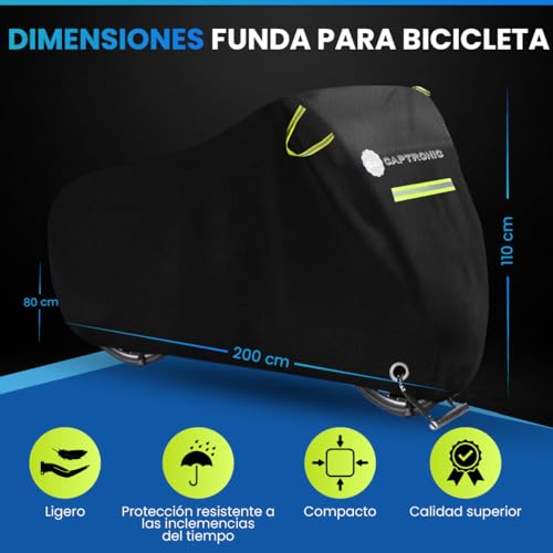 CAPTRONIC Funda Bicicleta Exterior Impermeable - Protección avanzada contra elementos climáticos y UV. Ideal para toda estación- Tamaño de 200x110x80 centímetros-Tejido Oxford 210D