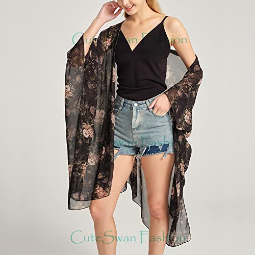 Cárdigan tipo kimono de gasa con estampado floral para mujer, holgado, casual, largo, bohemio, traslúcido, #Hortensia, talla única