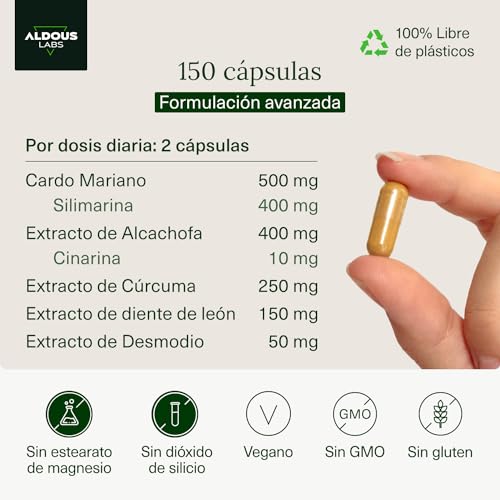 Cardo Mariano con CÚRCUMA, Alcachofa, Diente de León y Desmodium | 150 Cápsulas Detox | Máxima dosis Depurativa con 80% de Silimarina | Detox Higado, Mejora la digestión | Fabricado en España