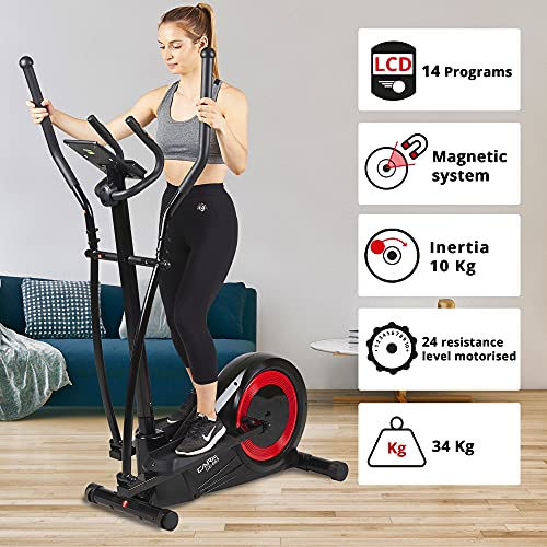 CARE FITNESS - Bicicleta elíptica con Ajuste motorizado en 24 Niveles CE-665-21 programas - Rueda de inercia de 20 kg - Función de máquina de Remo - Posibilidad de conectarla con Kinomap