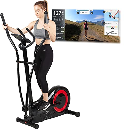 CARE FITNESS - Bicicleta elíptica con Ajuste motorizado en 24 Niveles CE-665-21 programas - Rueda de inercia de 20 kg - Función de máquina de Remo - Posibilidad de conectarla con Kinomap