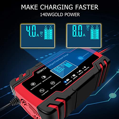 Cargador de Baterías, 8A 12V / 4A 24V Cargador de Batería de Coche Inteligente Completamente Automático, La Pantalla LCD se Utiliza en Cargador Bateria de Automóviles, Motocicletas, etc