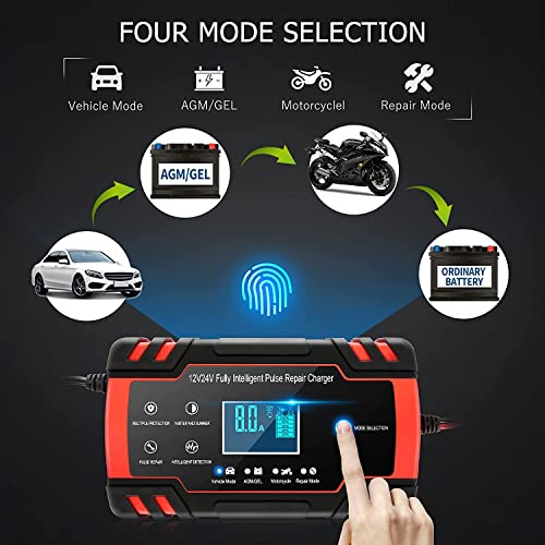 Cargador de Baterías, 8A 12V / 4A 24V Cargador de Batería de Coche Inteligente Completamente Automático, La Pantalla LCD se Utiliza en Cargador Bateria de Automóviles, Motocicletas, etc