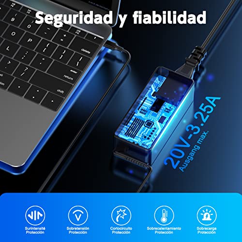 Cargador Lenovo Portatil USB C 65W para Lenovo ThinkPad X1 T480 T480s T580 T580s T490s E14 E15 E580 300e 100e C340 Yoga 730 910 C720 C730 C910 C940 13ikb C740 X1 Tipo C Cargador Portatil Adaptador