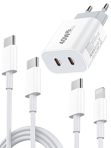 Cargador para iPhone,[Certificado Apple MFi] 2 Puertos 20W USB C Cargador Rápido con Cable PD 3.0 Tipo C Cargador Compatible con iPhone 14/14 Pro/13/13 Pro/12/11/SE/XS Max/XR/XS/X/8/iPad,Galaxy etc.