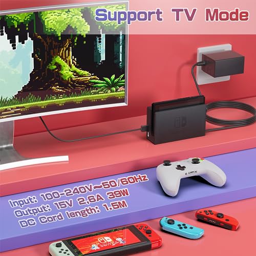 Cargador para Nintendo Switch,39W Adaptador de Corriente de Carga Rápida USB Tipo C Compatible con Modo TV/Switch Lite/NS Switch/Switch OLED 15V 2,6A (1.5m Cable)