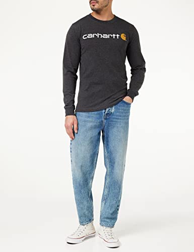 Carhartt Camiseta de manga larga con logotipo gráfico, tejido grueso, Relaxed Fit Para Hombre, Gris carbón jaspeado, XL