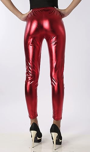 Carnavalife Leggins Mujer Largo de Brillo Malla Deportiva Pantalon Elastico Efecto Metalizado Estilo Brillante Comodidad Premium Unisex (S, Rojo)