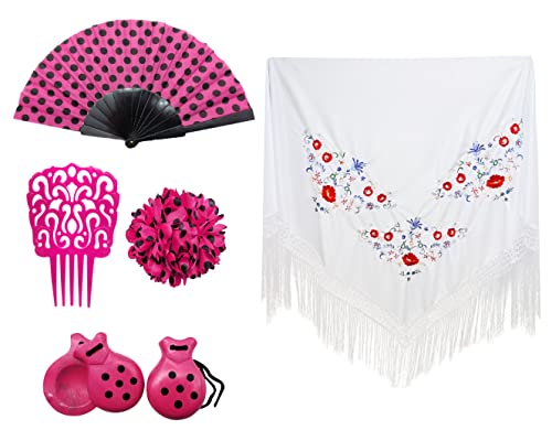 Carnavalife Pack Accesorios Flamenco para Mujer, Mantón con Flores Flamencos Sevillana para Fiesta de Baile, Pinzas de Pelo Tradicional, Abanicos en Diseño Flamenco (Fucsia/Blanco)