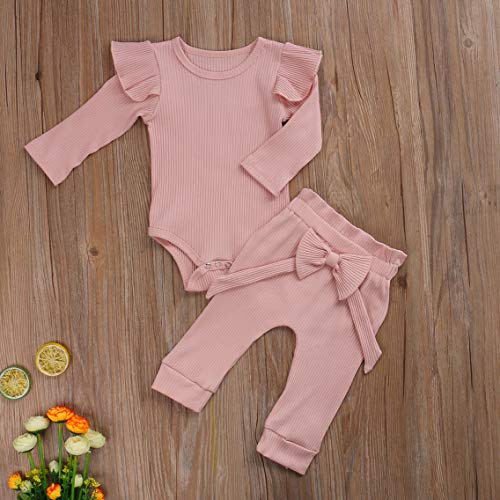 Carolilly - Conjunto de 2 piezas de algodón con volante de manga larga y pantalón rosa 2 18-24 Meses