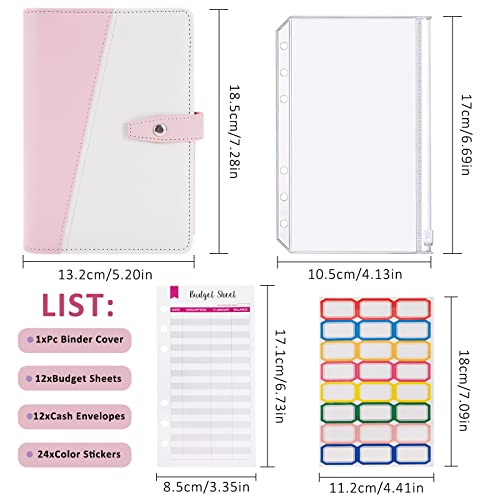 Carpeta de Cuaderno A6, Cuaderno de Cuero de PU con Sobres de Efectivo, Hoja de Presupuesto, Etiquetas Adhesivas, Planificador de Carpetas para Guardar Tarjetas Fotos Facturas, Rosa Blanco