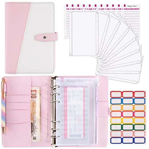 Carpeta de Cuaderno A6, Cuaderno de Cuero de PU con Sobres de Efectivo, Hoja de Presupuesto, Etiquetas Adhesivas, Planificador de Carpetas para Guardar Tarjetas Fotos Facturas, Rosa Blanco