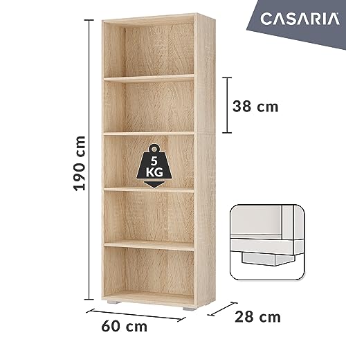 CASARIA Estantería Vela Roble 190x60x28cm 5 Estantes Librería Biblioteca Mueble Organizador Oficina