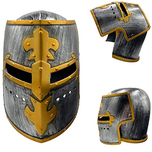 Casco de Caballero Medieval de Plateado, Casco de Guerro Soldado con Cubierta Facail Movible para Hombre, Casco Romano de Cruzado Armadura, Talla única