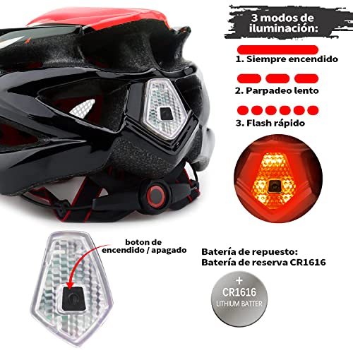 Casco de ciclismo con luz LED, de A-Best, casco integral especializado con luz de seguridad, visera y forro extraíbles, para adulto, Rojo - Negro