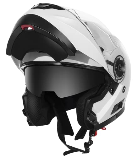 Casco Moto Modular ECE Homologado - YEMA YM-925 Casco de Moto Integral Scooter para Mujer Hombre Adultos con Doble Visera-Blanco-XL