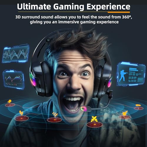 Cascos Gaming con Micrófono, Cascos PS4 con Nivel de Sonido Envolvente Rico, Orejeras Grandes y 4 Modo Luz RGB, Auriculares Gaming para PS4 PS5 PC Xbox One Switch (Negro)