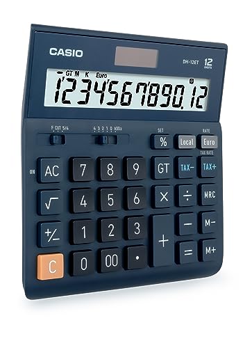 Casio DH-12ET - Calculadora de escritorio con pantalla extra-grande de 12 dígitos, alimentada por energía solar / batería, con cálculo de porcentaje avanzado, azul marino oscuro