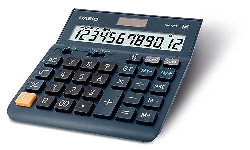 Casio DH-12ET - Calculadora de escritorio con pantalla extra-grande de 12 dígitos, alimentada por energía solar / batería, con cálculo de porcentaje avanzado, azul marino oscuro