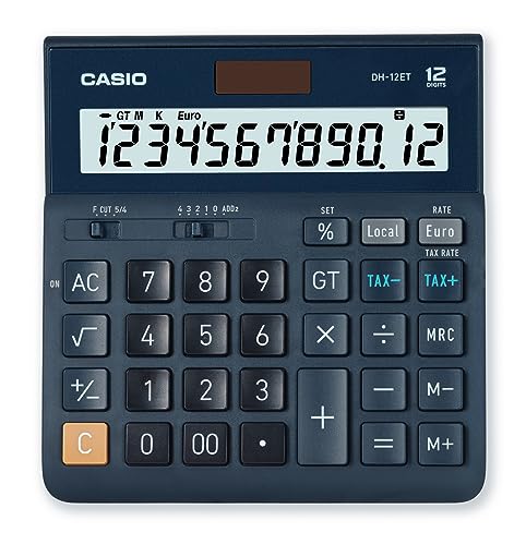 Casio DH-12ET - Calculadora de escritorio con pantalla extra-grande de 12 dígitos, alimentada por energía solar / batería, con cálculo de porcentaje avanzado, azul marino oscuro