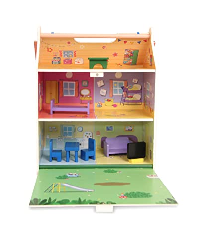 Casita de madera portátil con decoración ambientada en la casa de Peppa Pig - Con 2 pisos con buhardilla y jardín - Incluye 7 accesorios y 4 personajes-Tamaño 39X34, 5X18 (Deqube 913D00073)