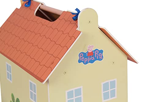 Casita de madera portátil con decoración ambientada en la casa de Peppa Pig - Con 2 pisos con buhardilla y jardín - Incluye 7 accesorios y 4 personajes-Tamaño 39X34, 5X18 (Deqube 913D00073)